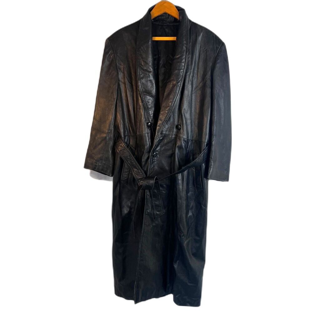 Worn Weathered Soft Leather Long Trench Coat Belted Double Breasted Size XL*